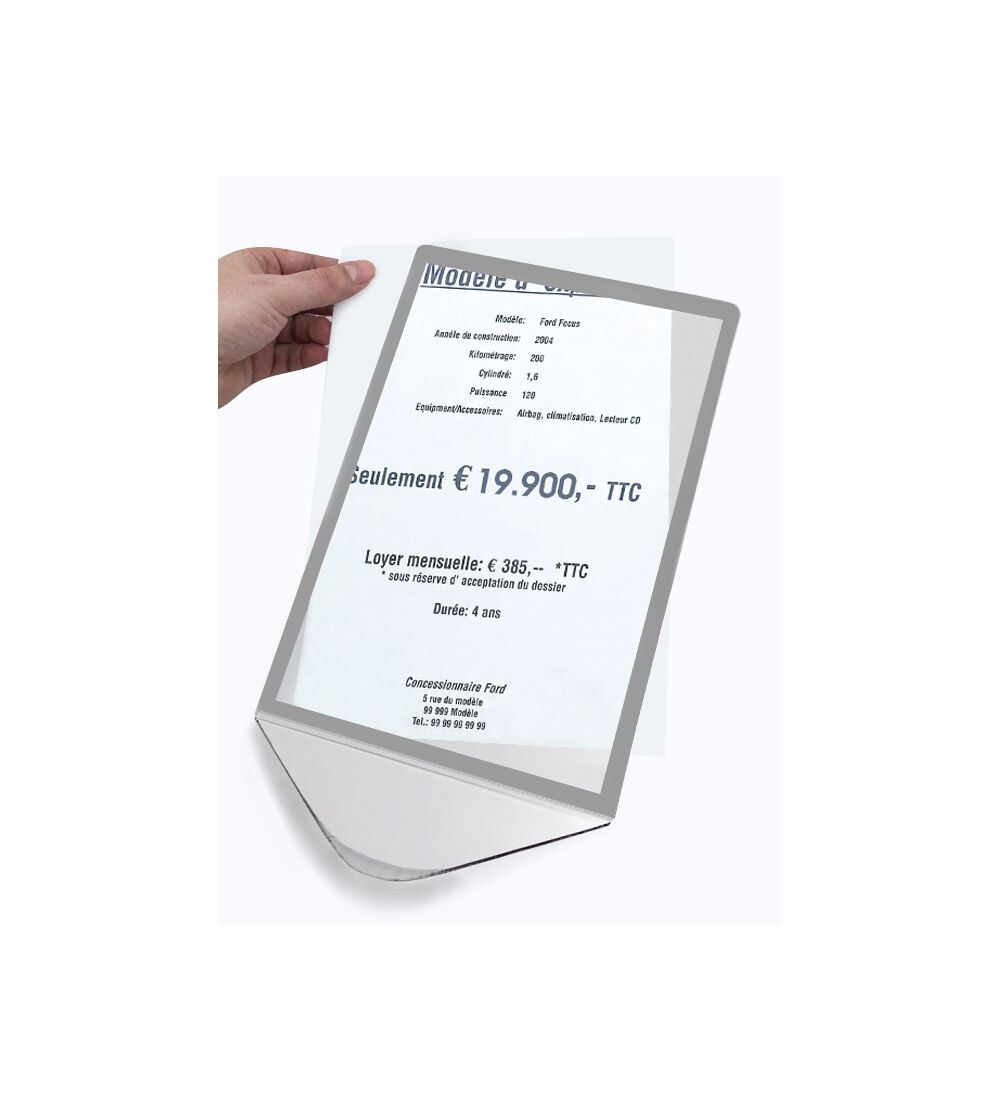  Présentoir tarif DIN A4 - format portrait, avec cadre argenté  à insertion - en polycarbonate      