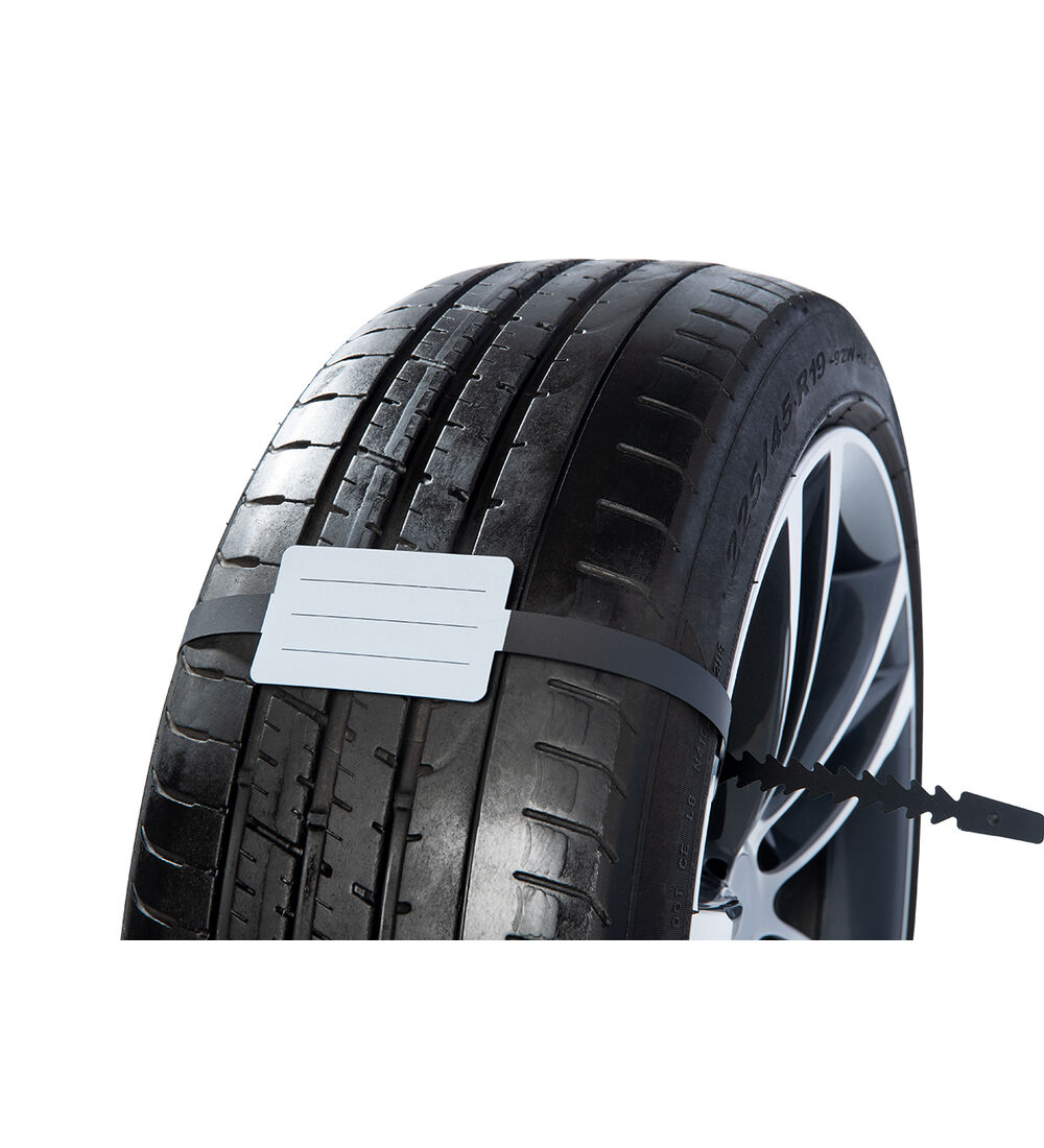 Bandeau marquage pneu avec languette de fixation et étiquette neutre