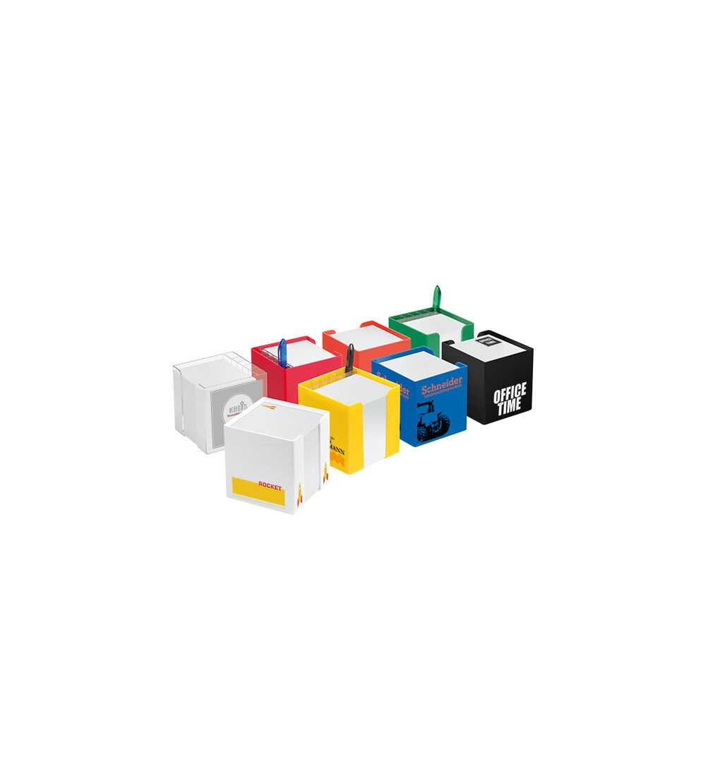 Bloc cube avec compartiment porte-crayon et papier avec personnalisation publicitaire