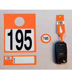 Kit de porte-clés n° 1-300 - 4 éléments:  Porte-clés, étiquette rétroviseur, étiquette de n° de commande, étiquette client