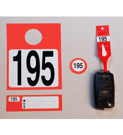 Kit de porte-clés 4 éléments:  Porte-clés, étiquette rétroviseur, étiquette de n° de commande, étiquette client