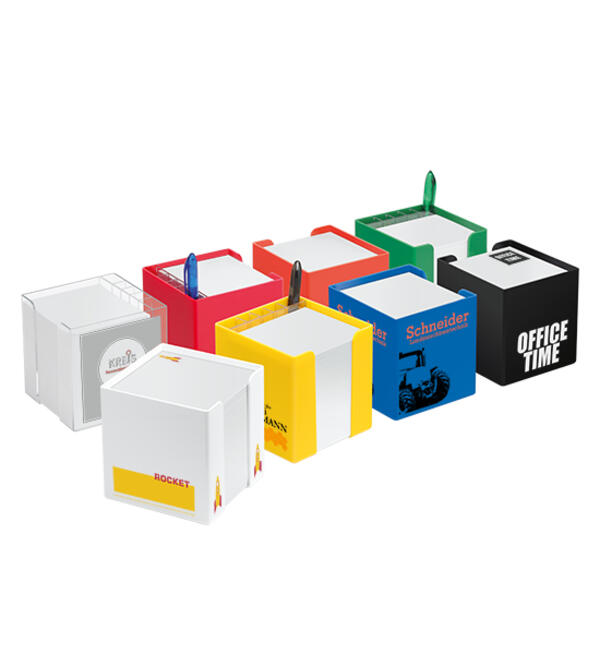 Bloc cube avec compartiment porte-crayon et papier avec personnalisation publicitaire